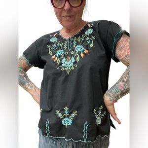 Embroidered Mexican Black Floral Women's tunic Top-Small